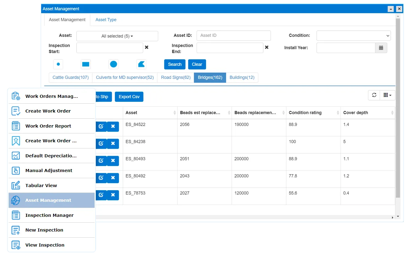 Asset detail with inspection records and depreciation curve