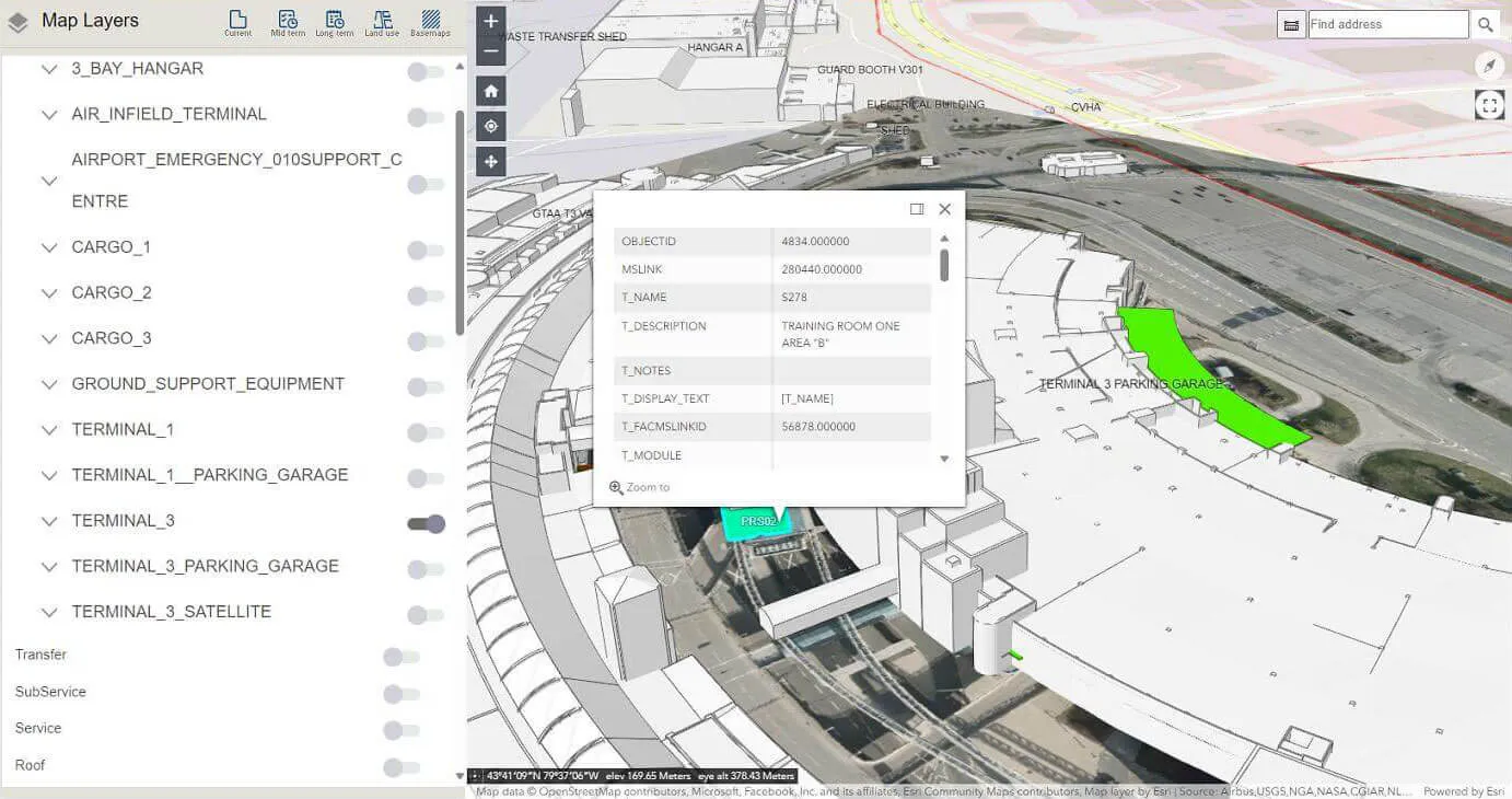 Attribute panel for a selected airport building in the 3D view