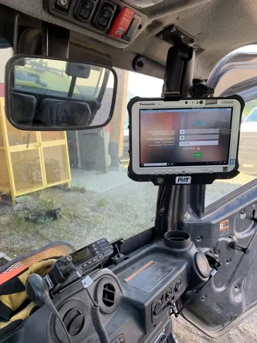 Rugged Windows tablet mounted in a spray truck cab running the MRF spray app
