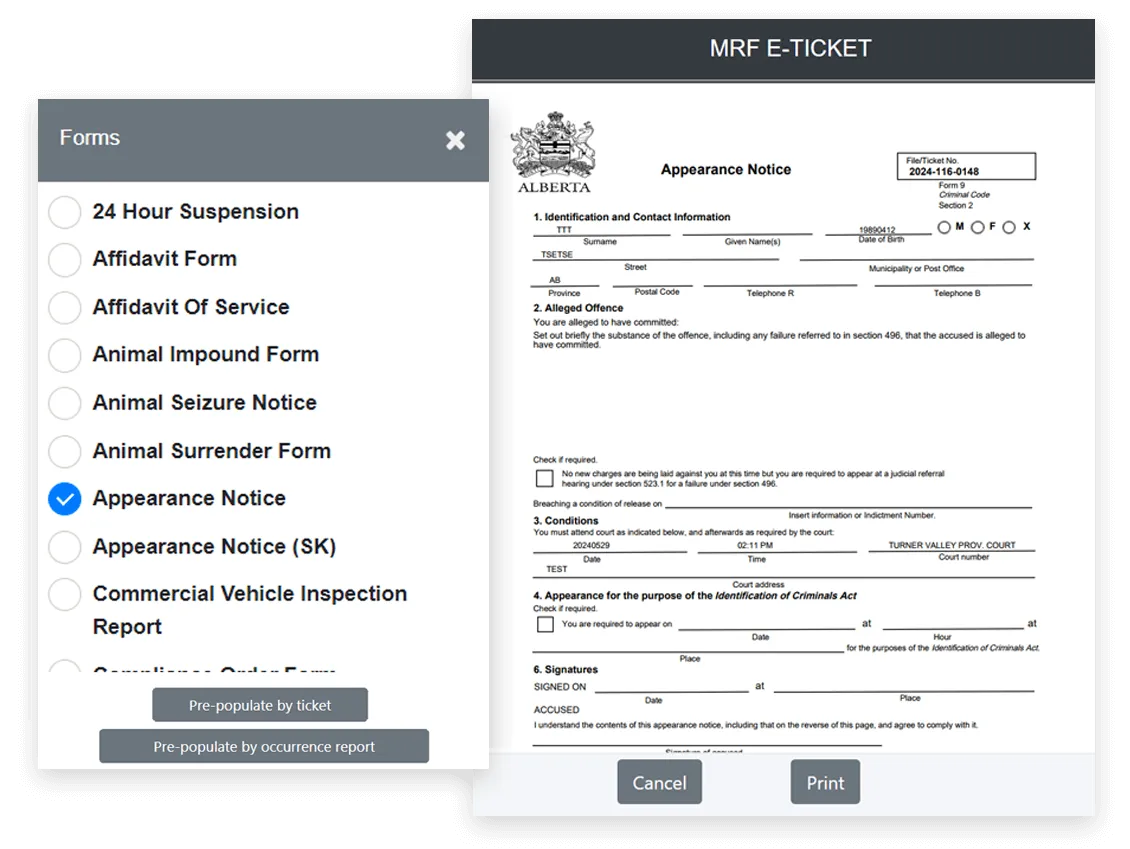 List of digitized ticket and notice forms available to an officer