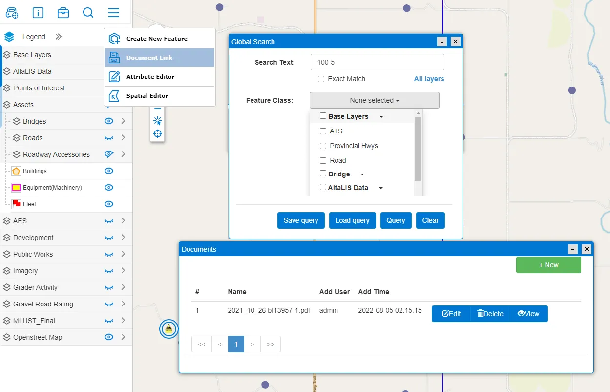 Document search panel showing files attached to a selected building