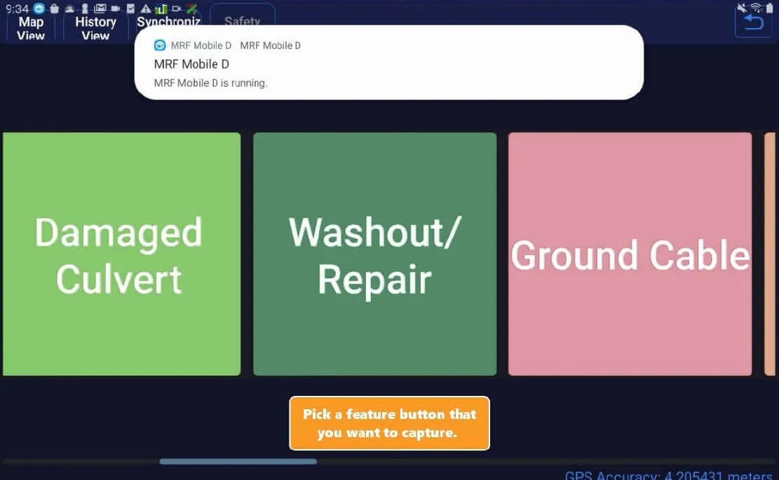 Mobile for Drivers app on an Android tablet with large buttons for reporting a damaged culvert, washout or repair, and ground cable