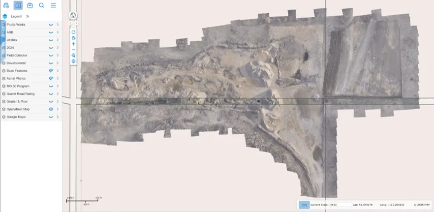 MRF Web Map displaying a high-resolution drone orthophoto of a gravel pit, loaded as a GeoTIFF over the base map