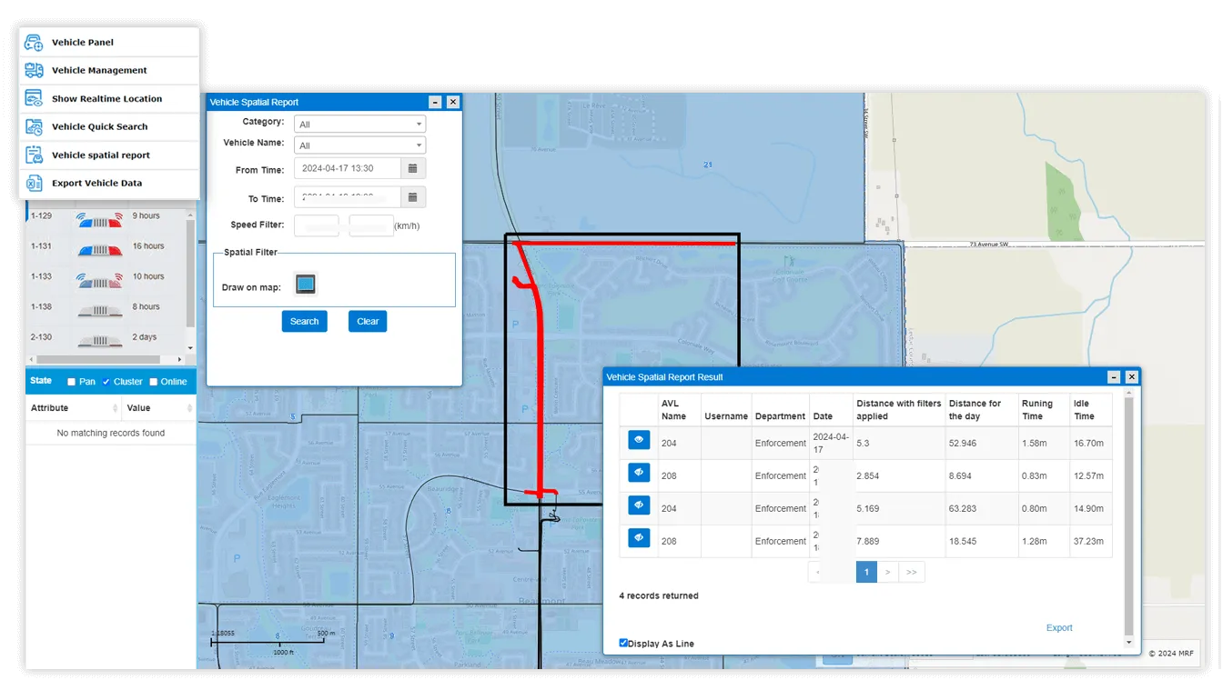 Vehicle history search results showing a patrol unit's route