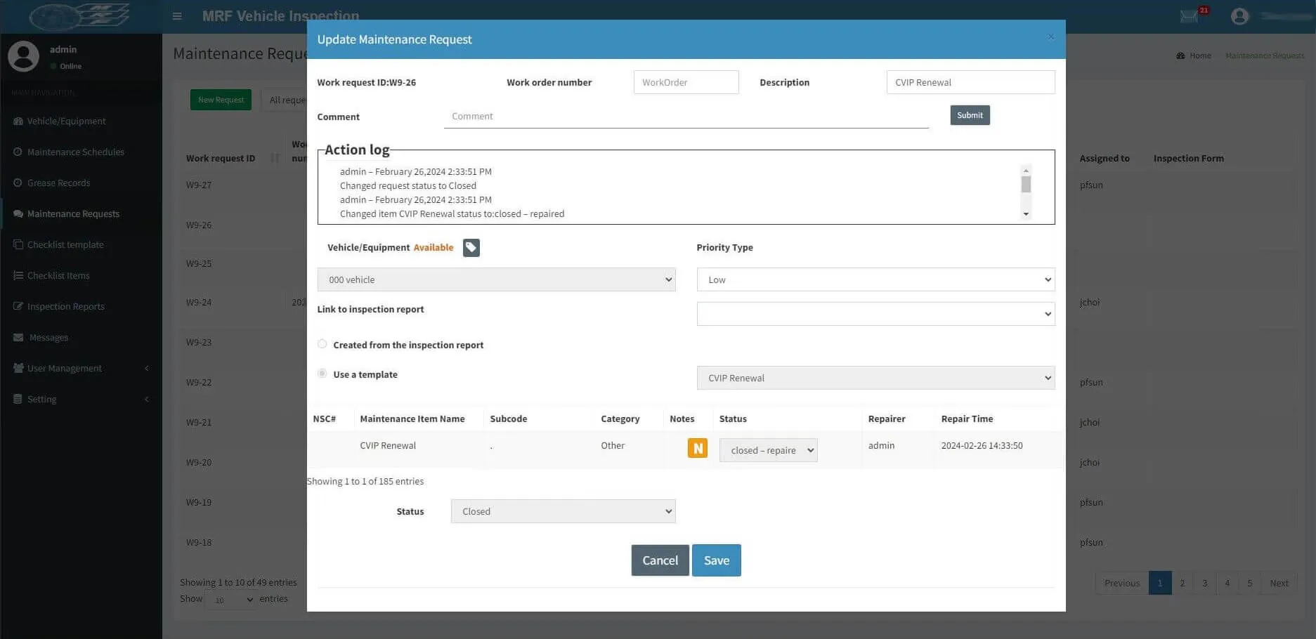 Inspection history for a single vehicle