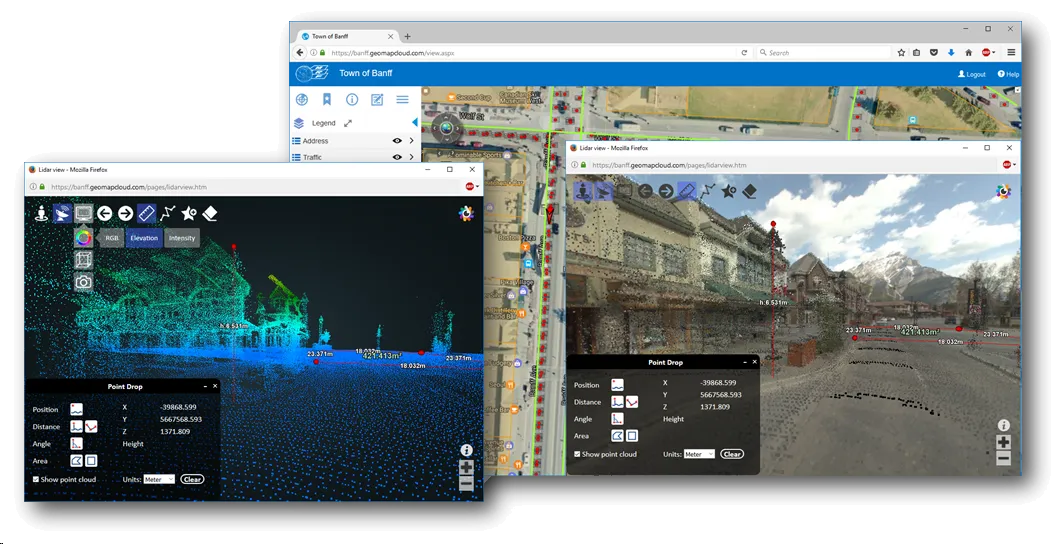 MRF StreetView in a town's web map, with a street-level view overlaid with LiDAR points and a LiDAR point cloud view coloured by elevation, both showing distance and height measurements
