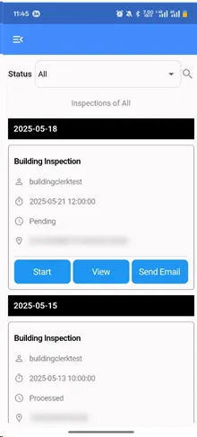 Android inspection app listing assigned building inspections by date, with status and buttons to start, view or send an email