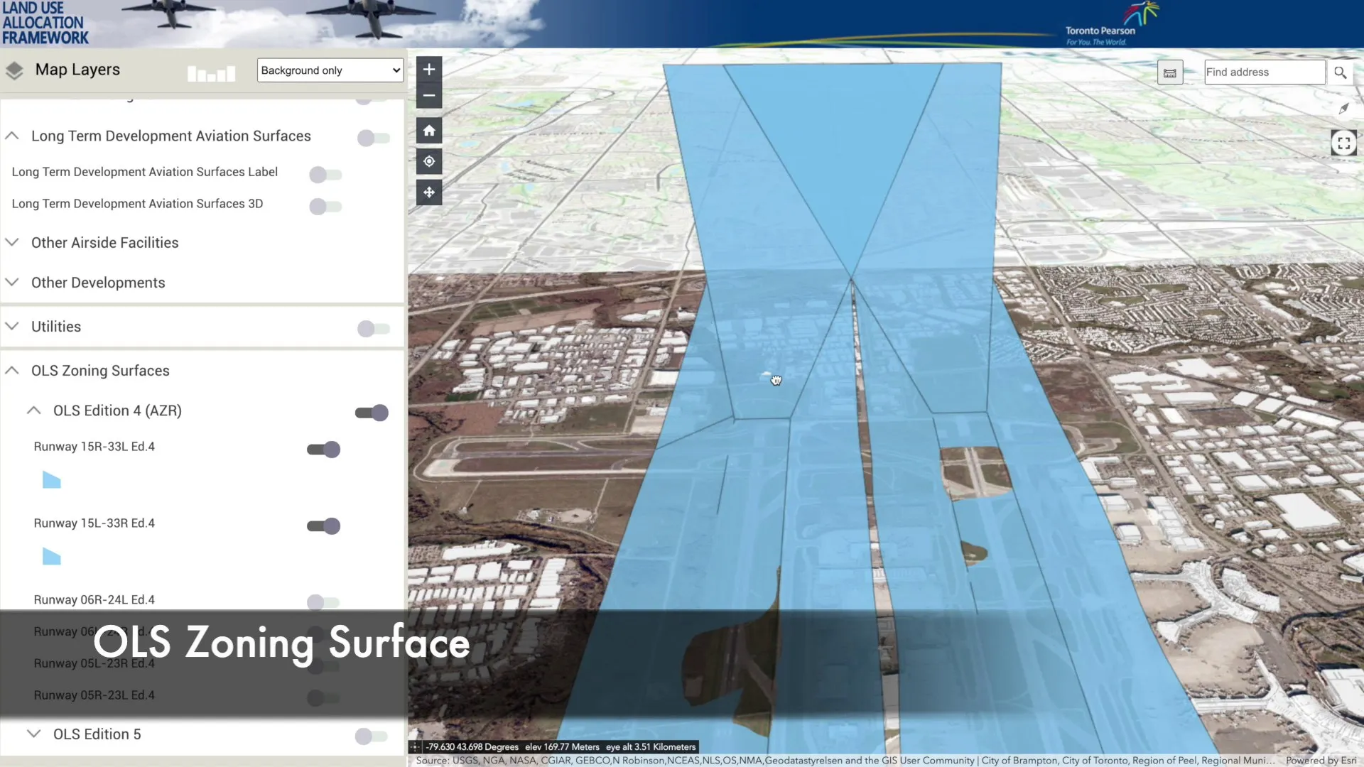 Land Use Allocation Framework 3D map of Toronto Pearson with Obstacle Limitation Surface (OLS) zoning surfaces rising over the runways and surrounding area