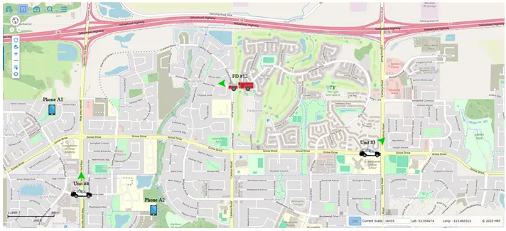 Safety Pro monitoring portal with a live map showing the locations of vehicles from multiple departments, such as fire and police