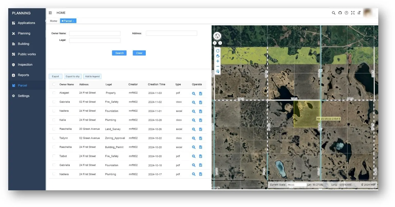 MRF Planning Portal parcel search, listing parcel documents beside a map of quarter sections with a selected parcel highlighted
