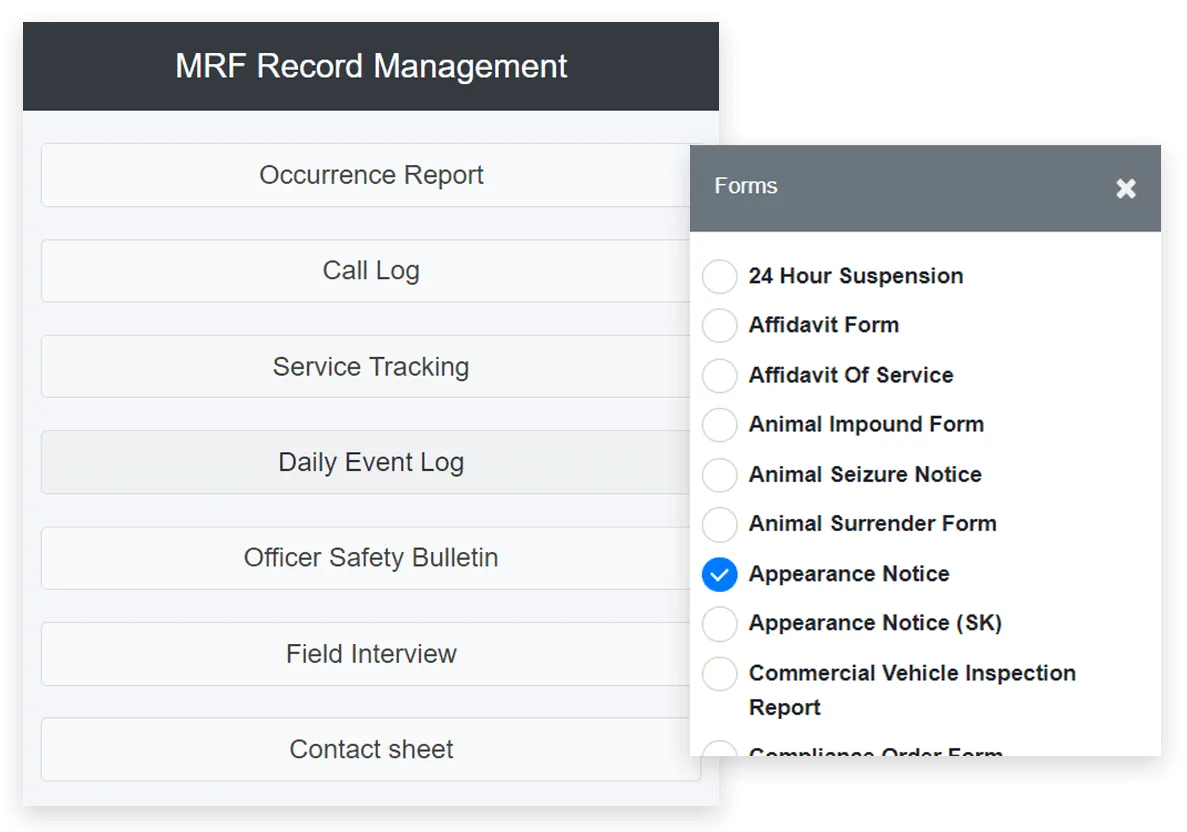 RMS report type selection with agency-configured forms