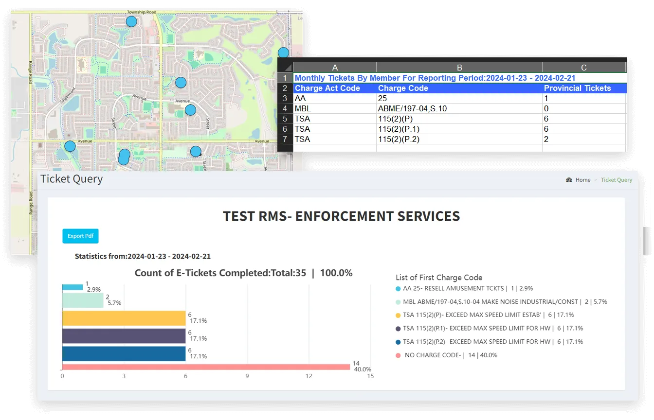 Web reporting portal with ticket statistics and a map of ticket locations