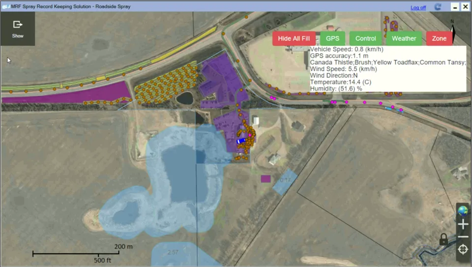 MRF Spray Record Keeping Solution in the truck, showing sprayed areas and points on aerial imagery with live vehicle speed, GPS accuracy, target weeds and weather