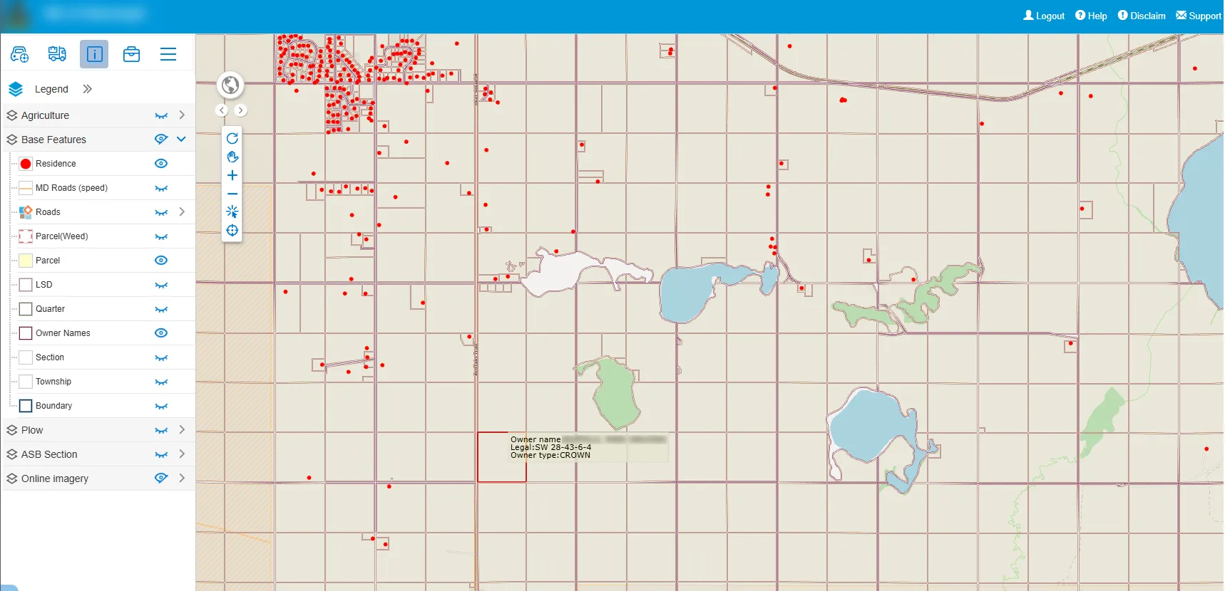 MRF Web Map of a rural municipality with the legend open on base features such as residences, roads, parcels, owner names, sections and townships, showing parcels, residences and lakes, and a map tip with a quarter section's owner, legal land description and owner type