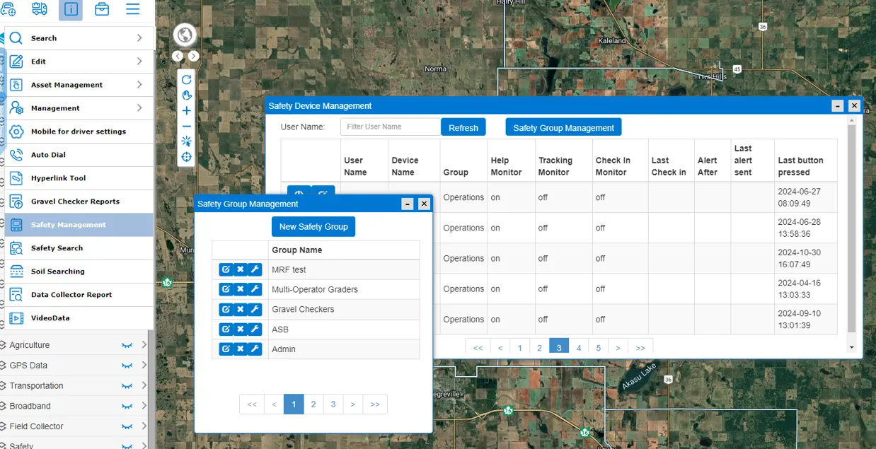 Safety Management in MRF Web Map, with the Safety Device Management window listing each user's group, help, tracking and check-in monitoring, and the Safety Group Management window listing groups such as graders, gravel checkers and agricultural service board staff