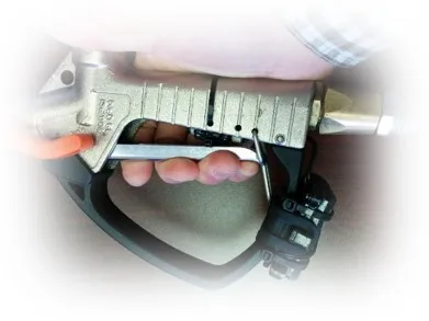 MRF Bluetooth sensor mounted on the trigger of a handheld spray gun