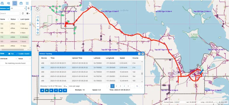 A vehicle's trip drawn as a red line along rural roads and through a town, with the Vehicle Tracking window listing each recorded position with time, coordinates, speed and course, and playback controls