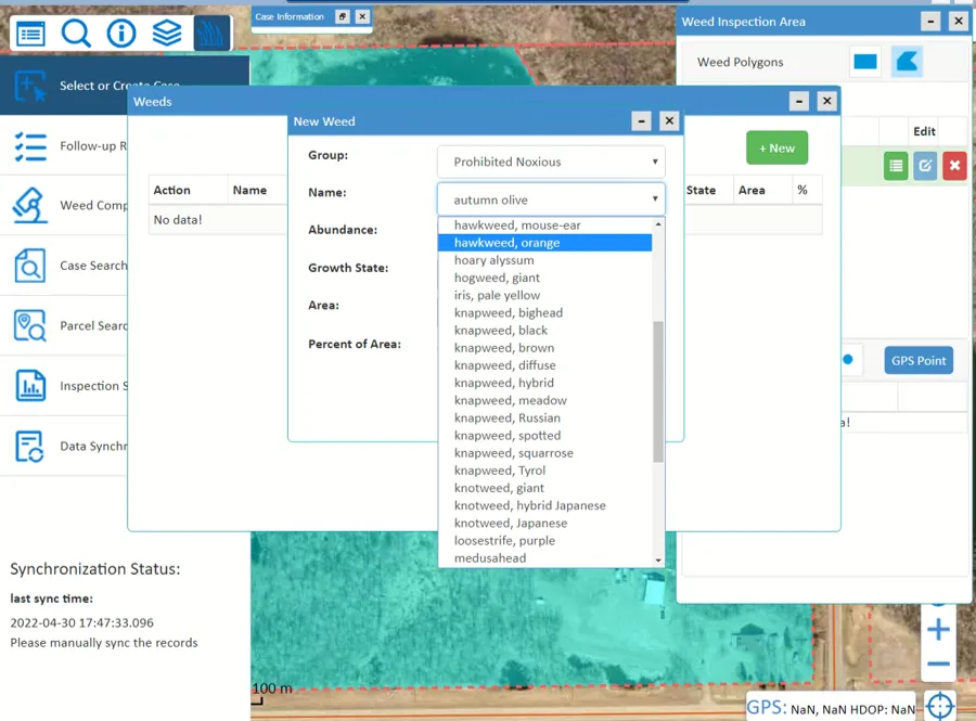 Weed Inspection version 3 adding a prohibited noxious weed to a case, with the species list open over aerial imagery and weed polygons