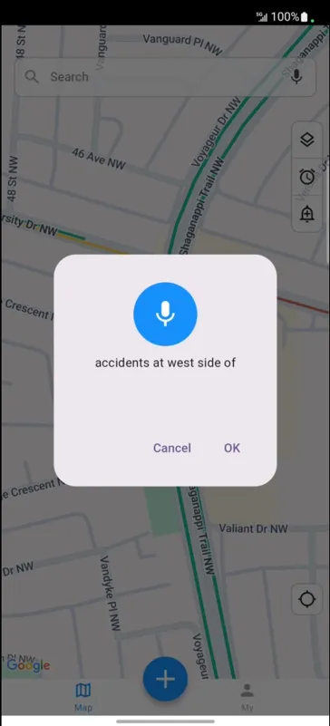 MRF JMS voice reporting dialog over the map, transcribing a driver's spoken report of an accident