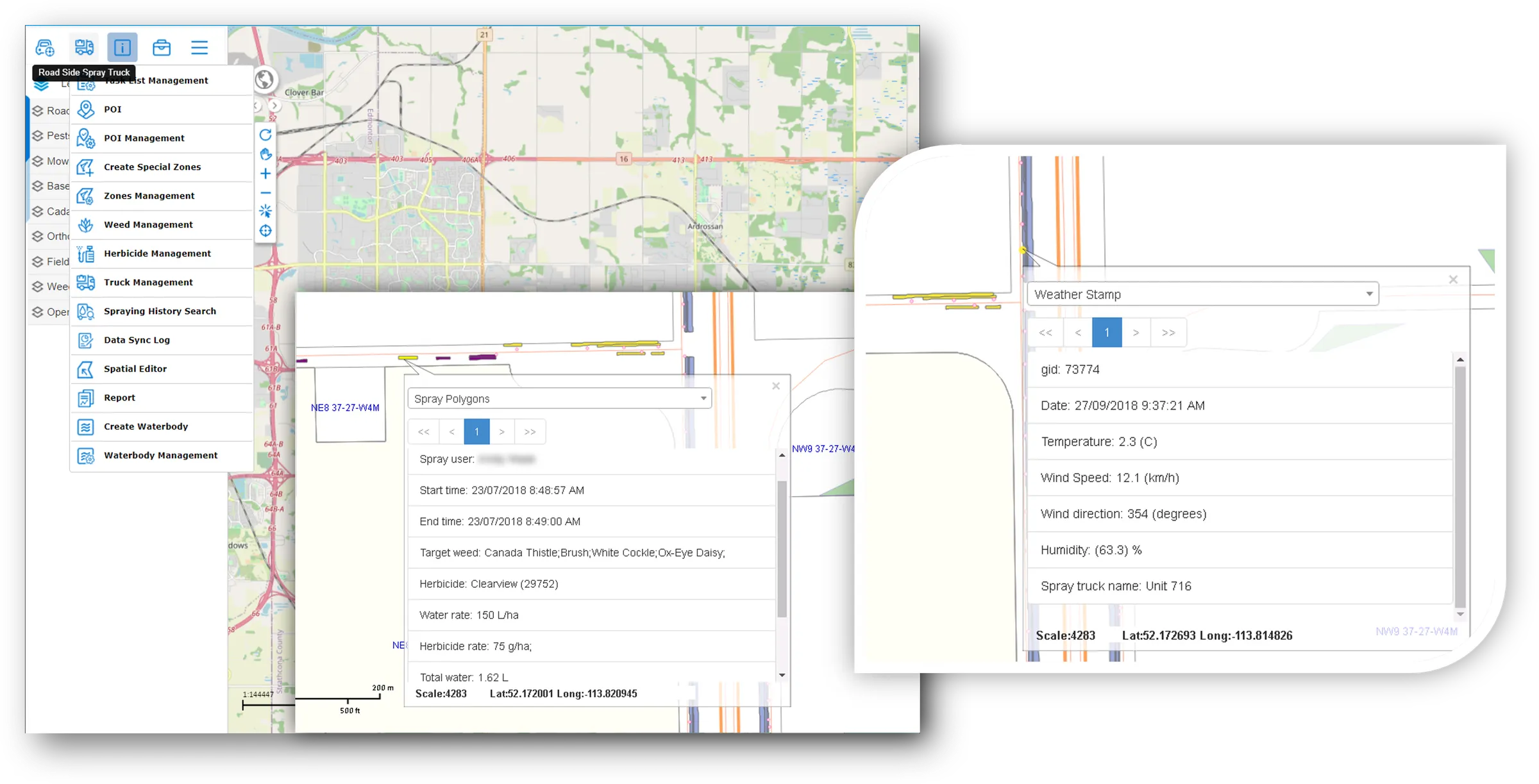 Roadside spray truck tools in MRF Web Map, with a spray polygon record showing target weeds, herbicide and rates, and a weather stamp record