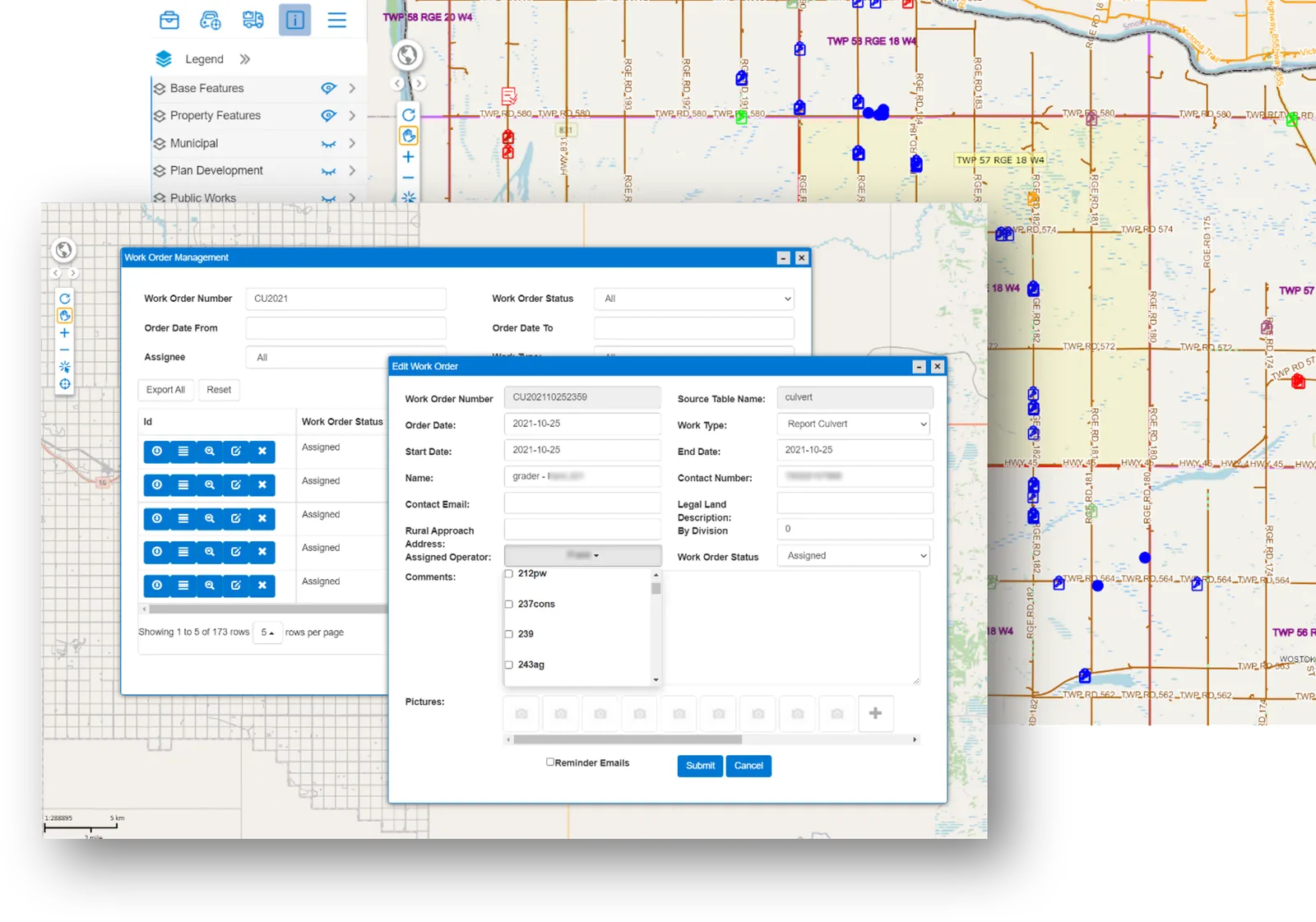 Work Order Management window listing work orders by status over a rural map, with an Edit Work Order form for a culvert report showing the work type, dates, legal land description, assigned operator, work order status, comments and pictures